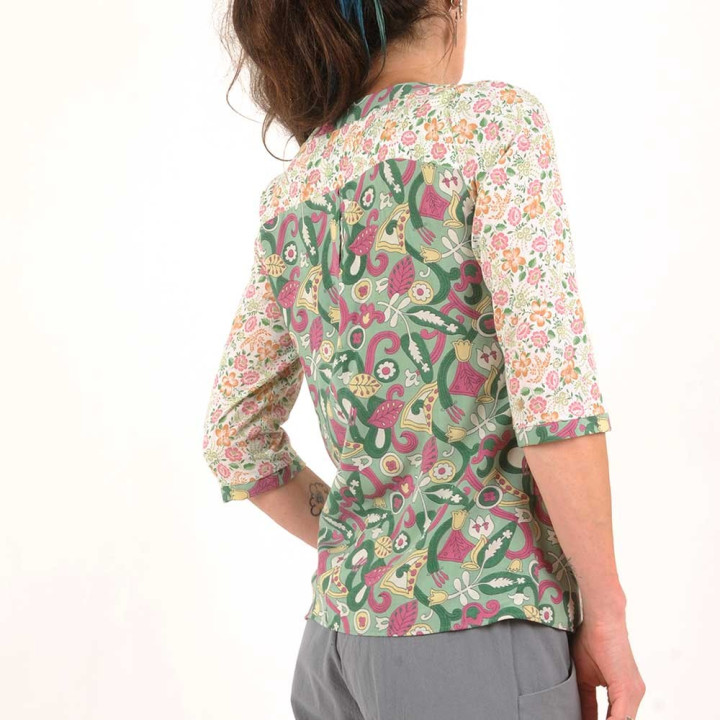 Chemisier fleuri tissus vintage vert rose blanc