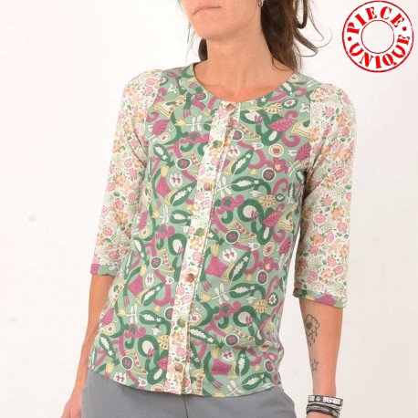 Chemisier fleuri tissus vintage vert rose blanc