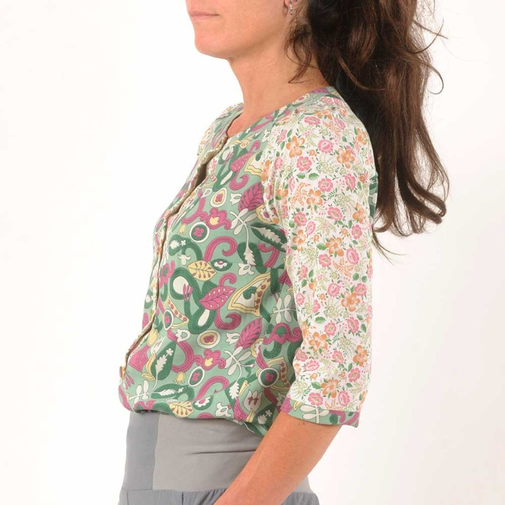 Floral green, pink, white women's shirt, vintage fabrics