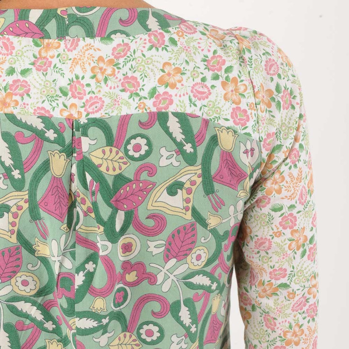 Floral green, pink, white women's shirt, vintage fabrics