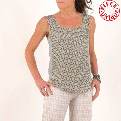 Beige and blue printed tank top, vintage silk