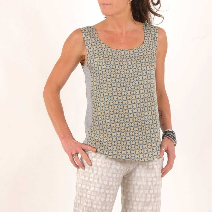 Beige and blue printed tank top, vintage silk