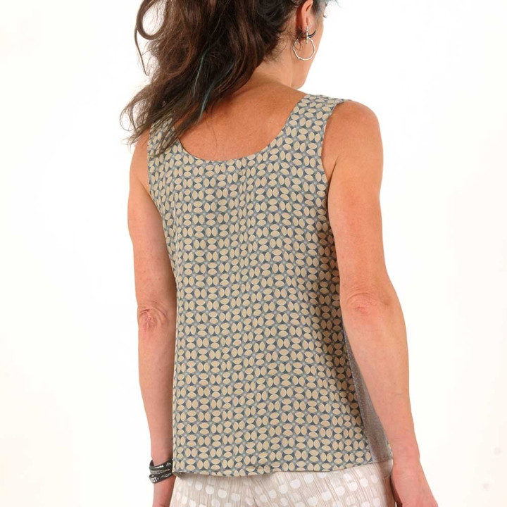 Top débardeur soie vintage imprimée beige bleu gris