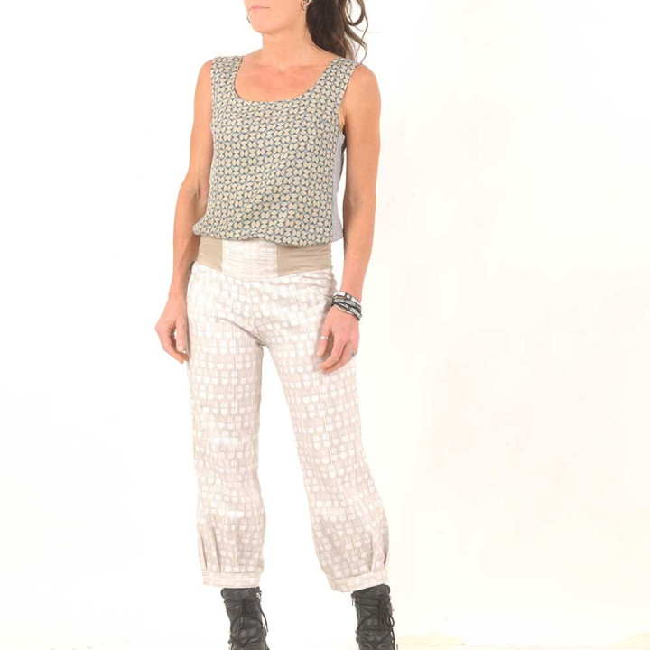 Top débardeur soie vintage imprimée beige bleu gris