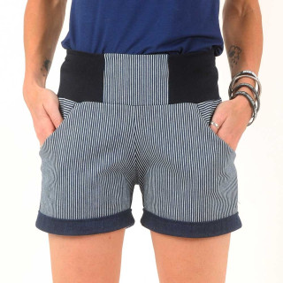 Short femme jean rayé marine et blanc extensible