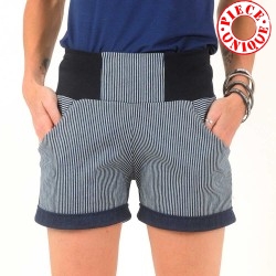 Womens stretchy white and blue striped denim shorts