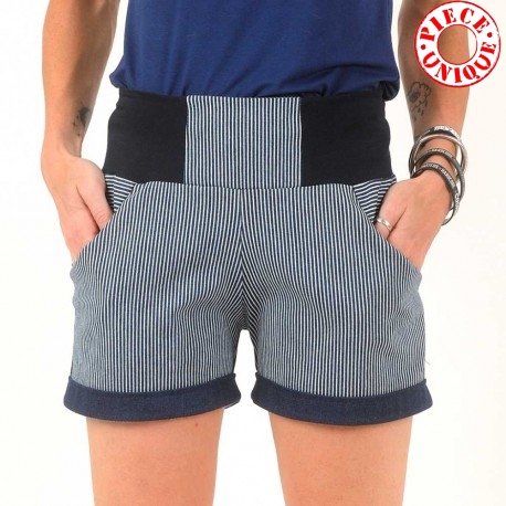 Womens stretchy white and blue striped denim shorts