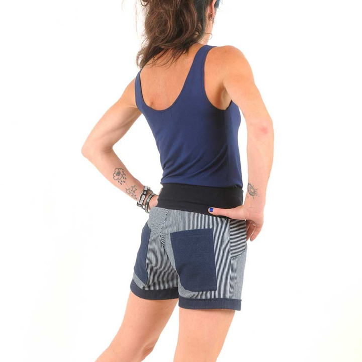 Womens stretchy white and blue striped denim shorts