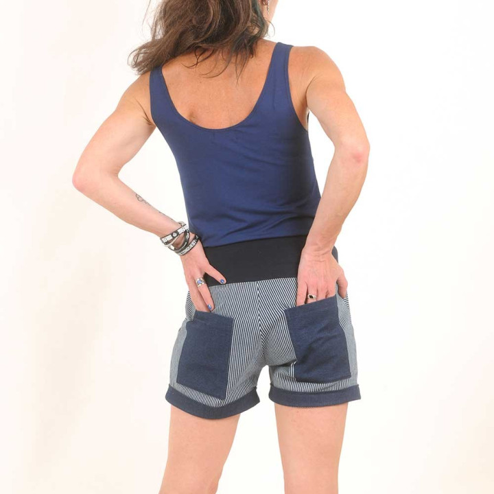 Womens stretchy white and blue striped denim shorts