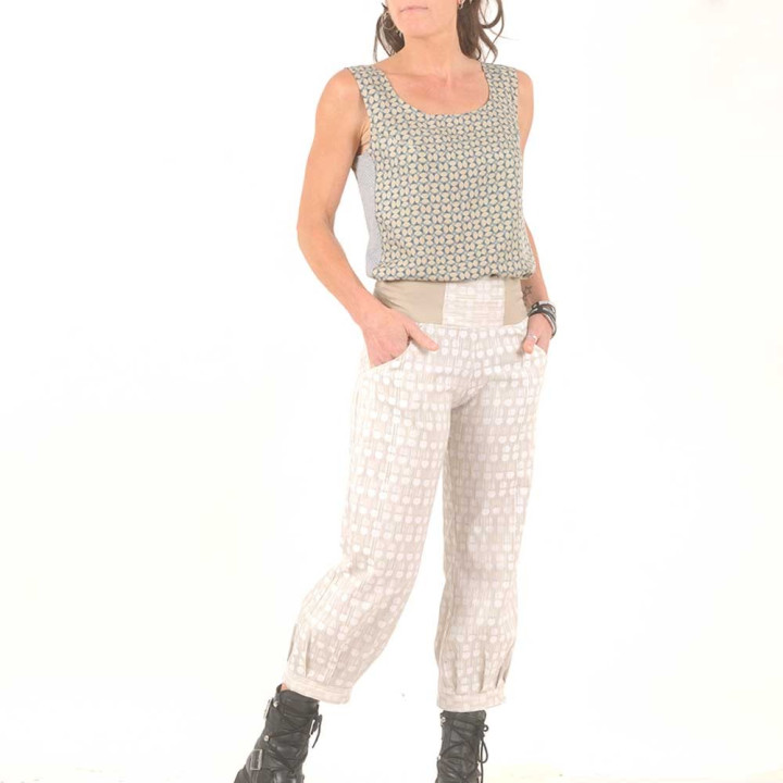 Beige and white womens puffy pants, polka dots cotton
