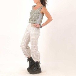 Beige and white womens puffy pants, polka dots cotton