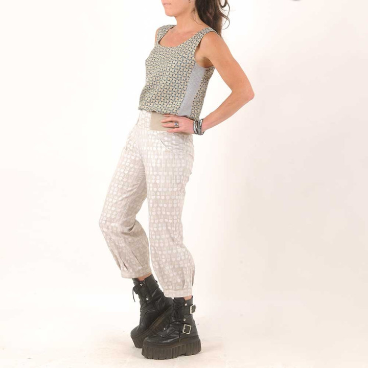 Beige and white womens puffy pants, polka dots cotton