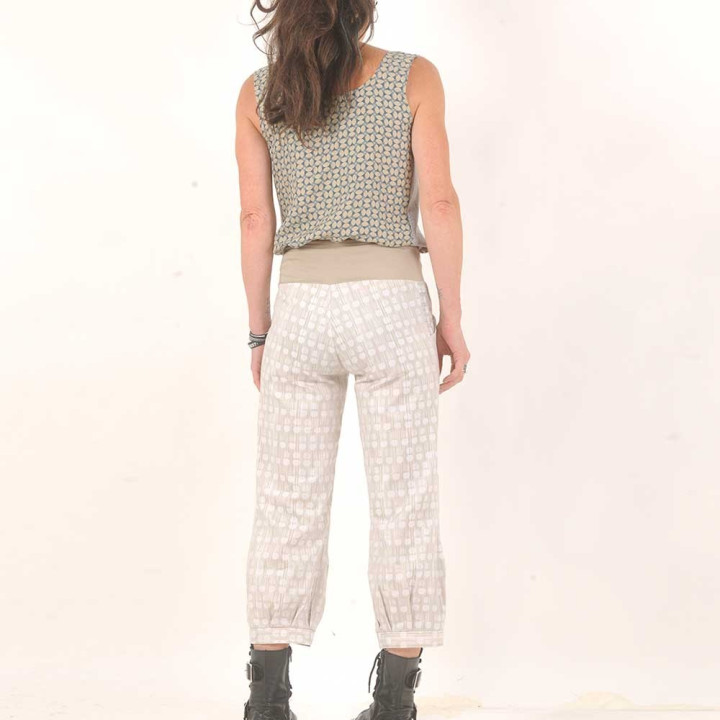 Beige and white womens puffy pants, polka dots cotton