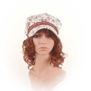White and red newsboy cap hat, floral cotton