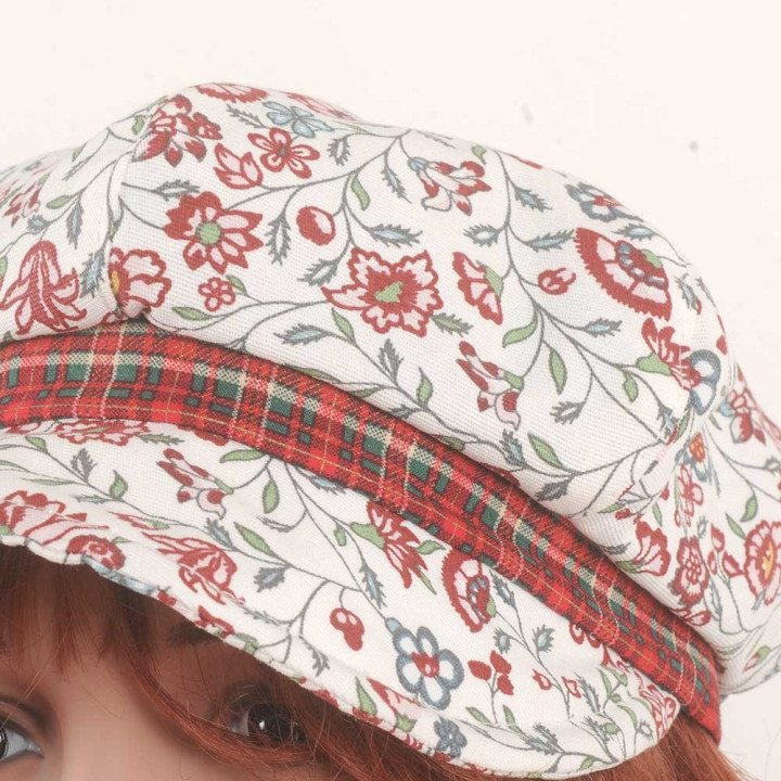 White and red newsboy cap hat, floral cotton