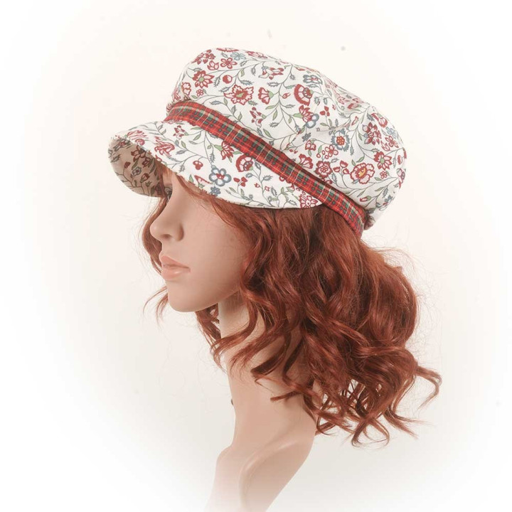 Casquette gavroche blanche et rouge coton fleuri