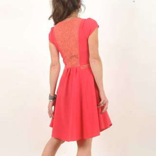 Hot pink crepe short-sleeved dress, sheer lace back