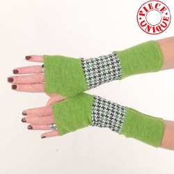Mitaines longues en patchwork maille vert pomme et pied de poule