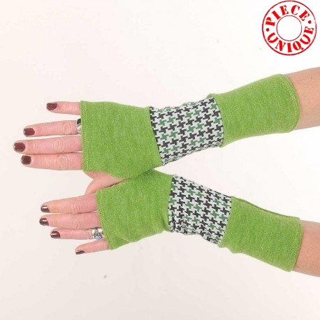 Mitaines longues en patchwork maille vert pomme et pied de poule