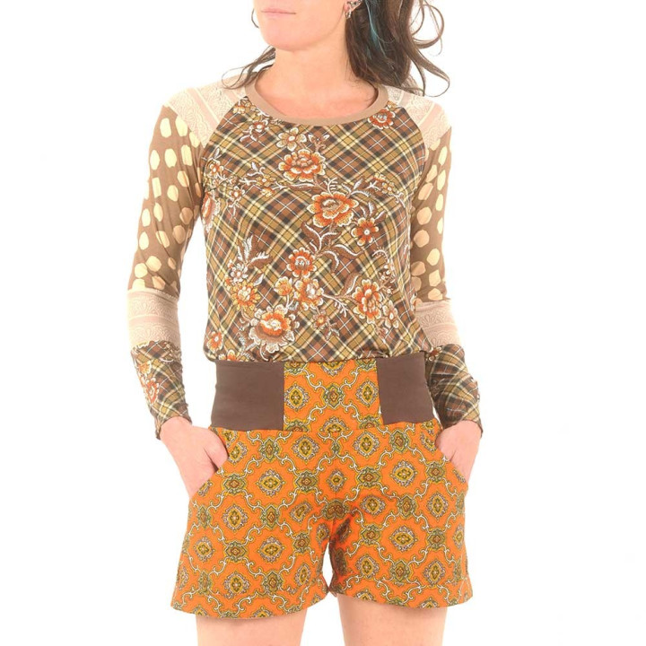 Short femme orange vif à motifs, coton vintage