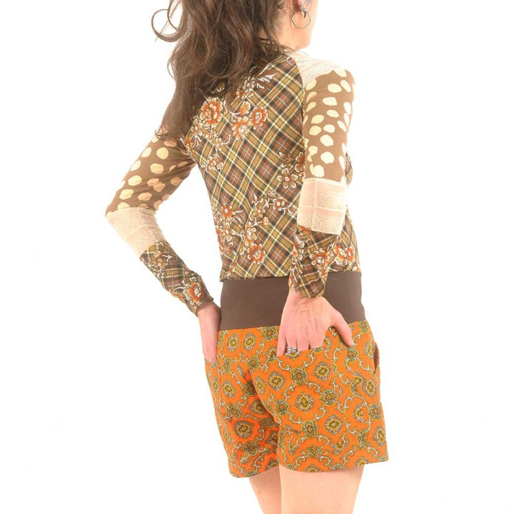 Short femme orange vif à motifs, coton vintage
