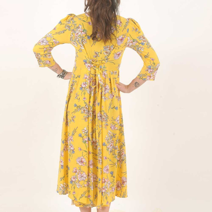 Robe jaune longue à manches, viscose fleurie
