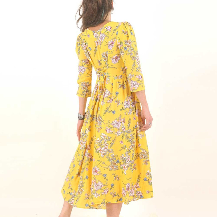 Robe jaune longue à manches, viscose fleurie