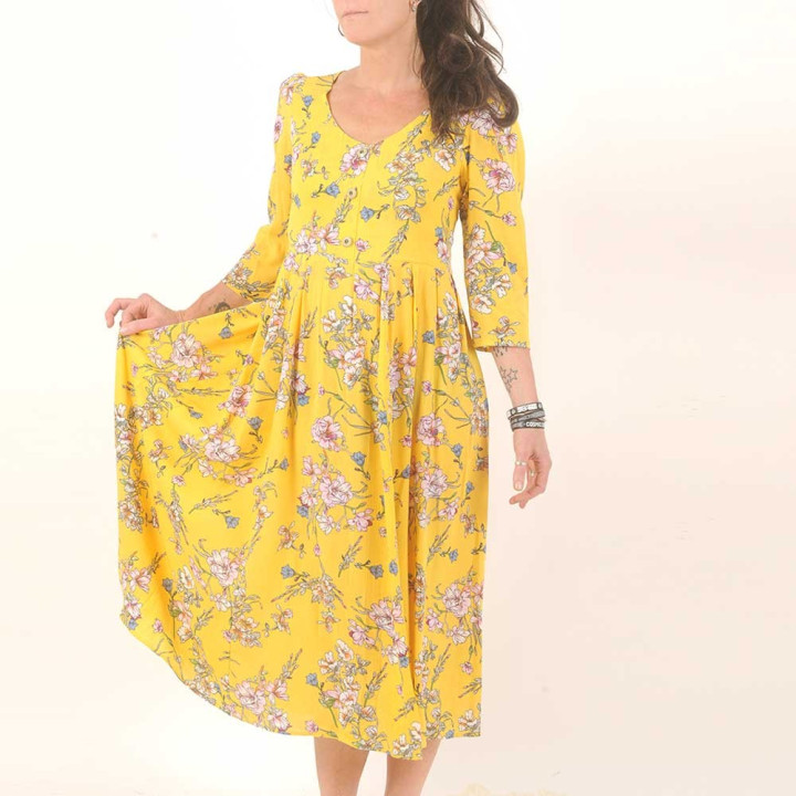 Robe jaune longue à manches, viscose fleurie