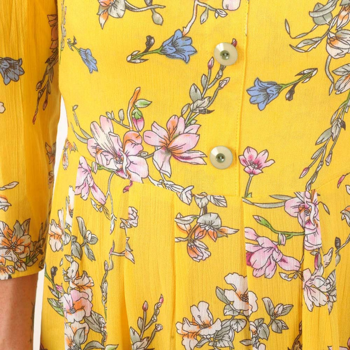 Robe jaune longue à manches, viscose fleurie