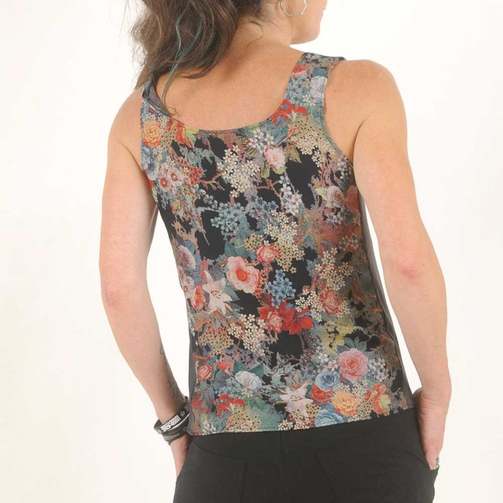 Floral black sleeveless tank top, japanese-style print