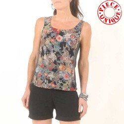 Floral black sleeveless tank top, japanese-style print