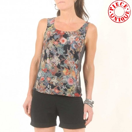 Floral black sleeveless tank top, japanese-style print