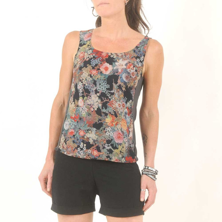 Floral black sleeveless tank top, japanese-style print