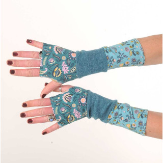 Mitaines longues bleu canard en patchwork maille et jersey fleuri