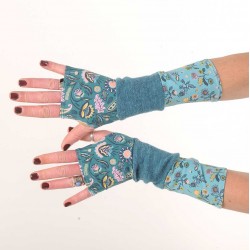 Long teal blue jersey armwarmers, knit and floral jersey