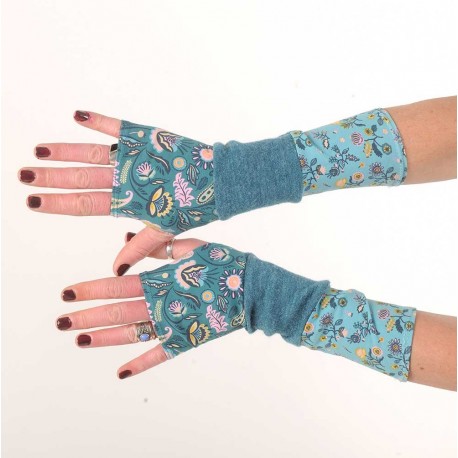 Long teal blue jersey armwarmers, knit and floral jersey