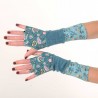 Mitaines longues bleu canard en patchwork maille et jersey fleuri