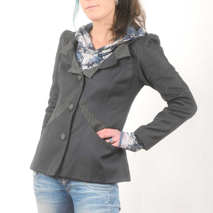 Dark grey women's jacket with yokes and unique collar