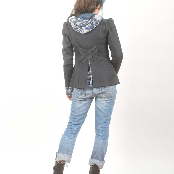Dark grey women's jacket with yokes and unique collar