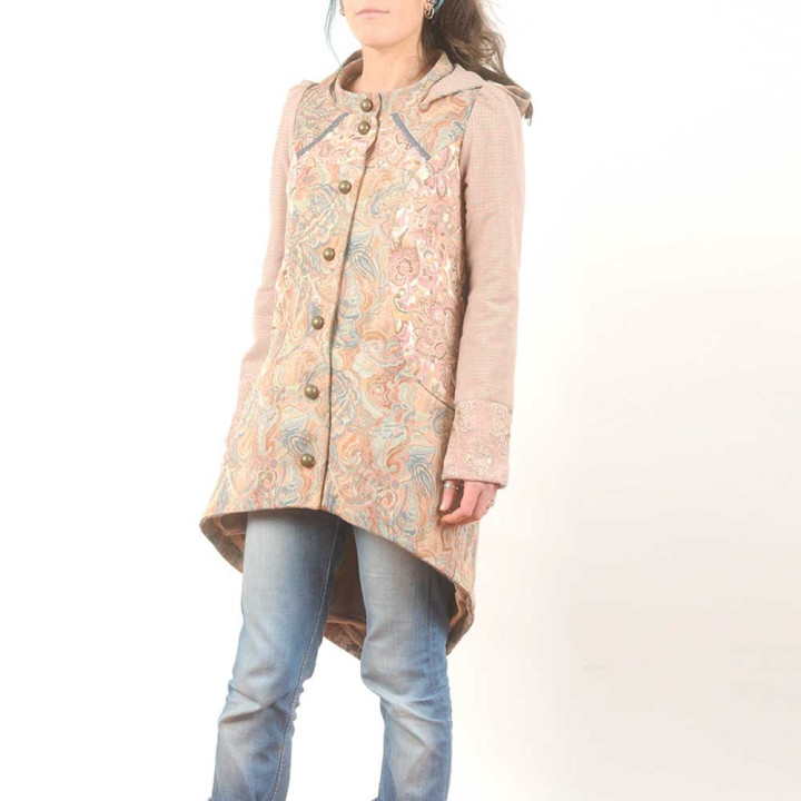 Dusty pink hooded patchwork coat with pointy back