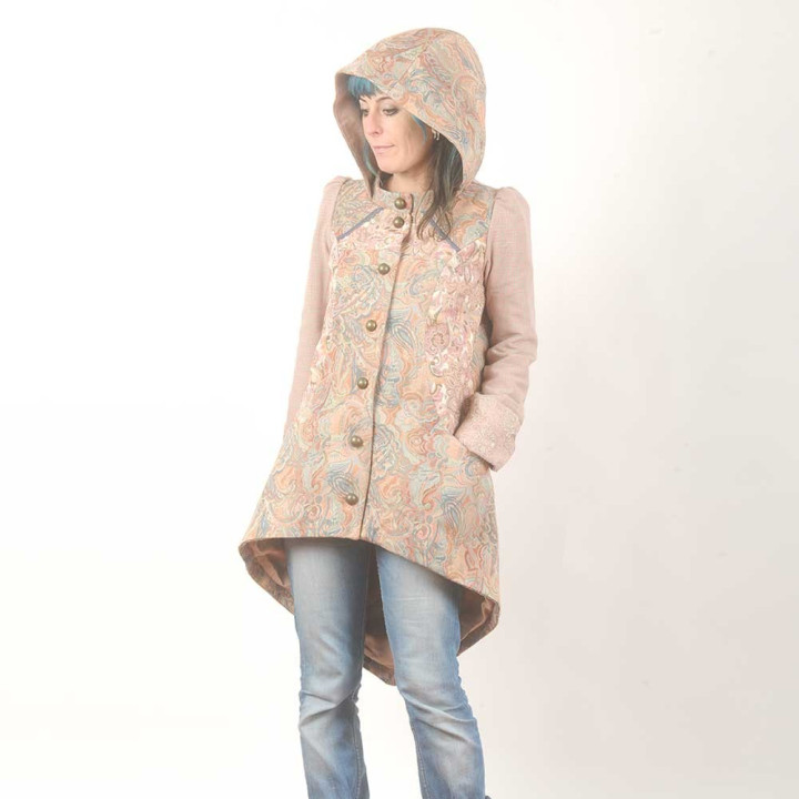 Dusty pink hooded patchwork coat with pointy back
