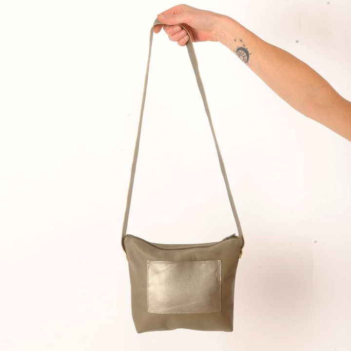Taupe leather crossbody purse, golden bronze faux leather details