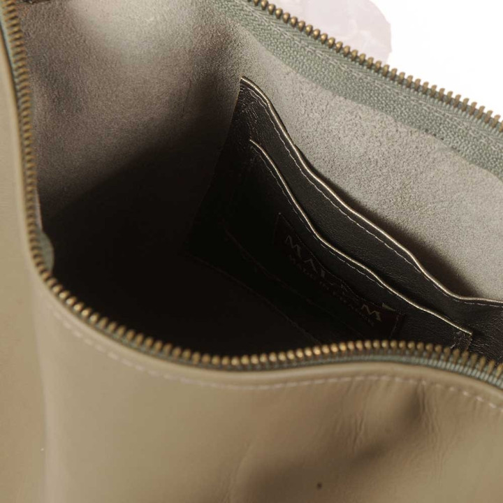 Taupe leather crossbody purse, golden bronze faux leather details