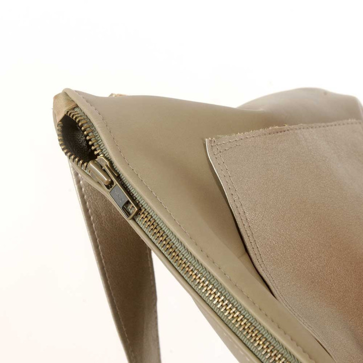 Taupe leather crossbody purse, golden bronze faux leather details