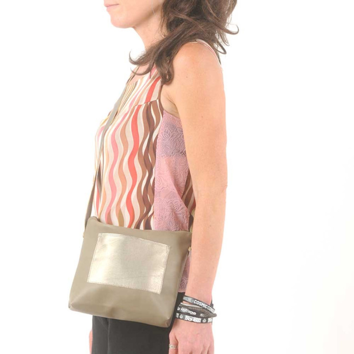 Taupe leather crossbody purse, golden bronze faux leather details