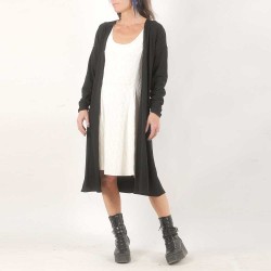 Gilet long noir coupe ample, manches longues froncées