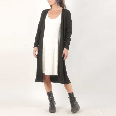 Gilet long noir coupe ample, manches longues froncées