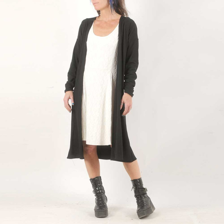 Long black cardigan, loose cut, long shirred sleeves