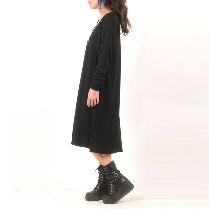 Gilet long noir coupe ample, manches longues froncées