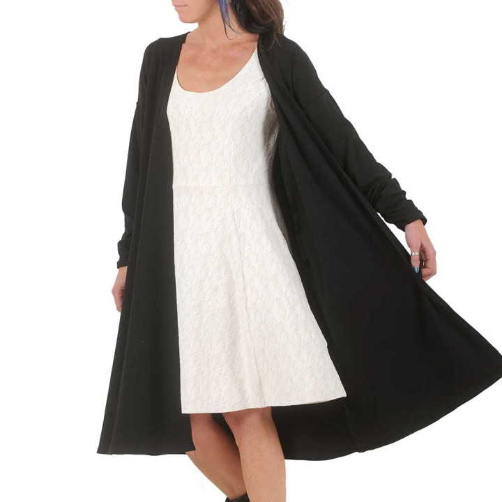Long black cardigan, loose cut, long shirred sleeves